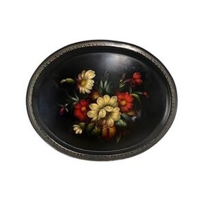Vintage USSR Hand Painted Zhostovo Floral Metal Tray Black Tole Oval Platter
